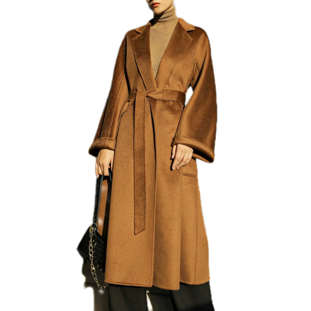 2023 New Reversible Cashmere Coat Women Long Below The Knee High-End Water Ripple Wool Coat Autumn Winter Loose Lace-up Outwear