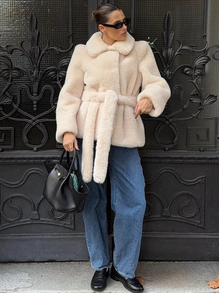 HH Winter Elegant Women Belted Artificial Fur Effect Coat Female Single Breasted Long Sleeve Loose Warm Faux Fur Jacket Outwear