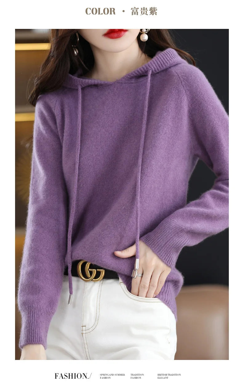 Cashmere Hooded Sweater Women Autumn Winter Long Sleeve Solid Color Knitted Hoodies Lady Loose Drawstring Casual Pullover Hoodie