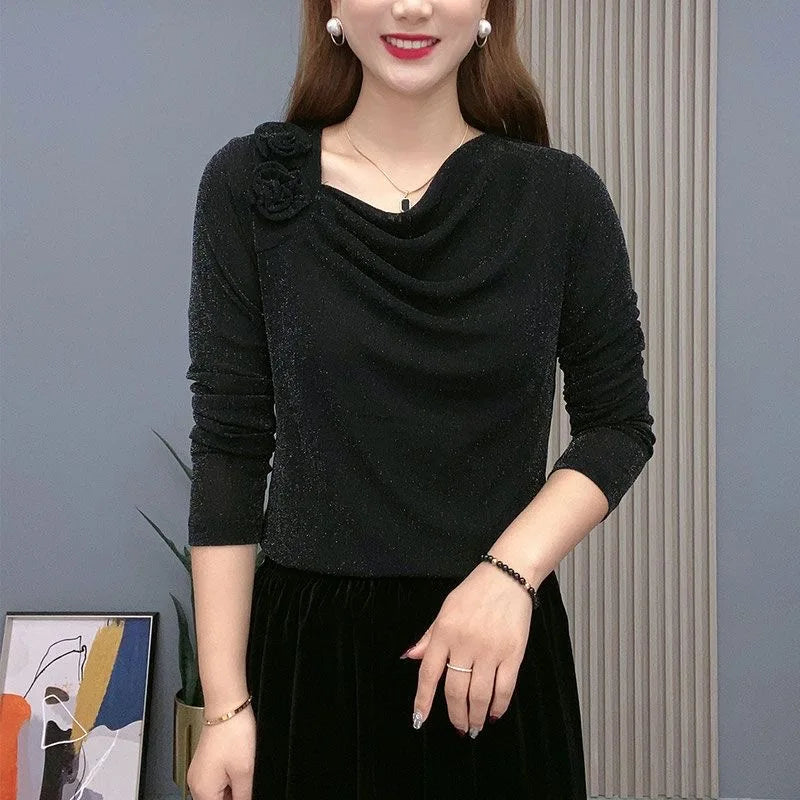 Women's Clothing Vintage Pile Collar Floral Solid Color Pullovers T-shirt  Autumn Slim Gauze Spliced Stylish Sequined T-shirt