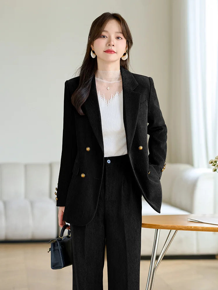 Winter Women Fashion Elegant Corduroy Pantsuit Vintage Chic Blazer Jackets and Pants Two Pieces Set Female Clothes Outfits