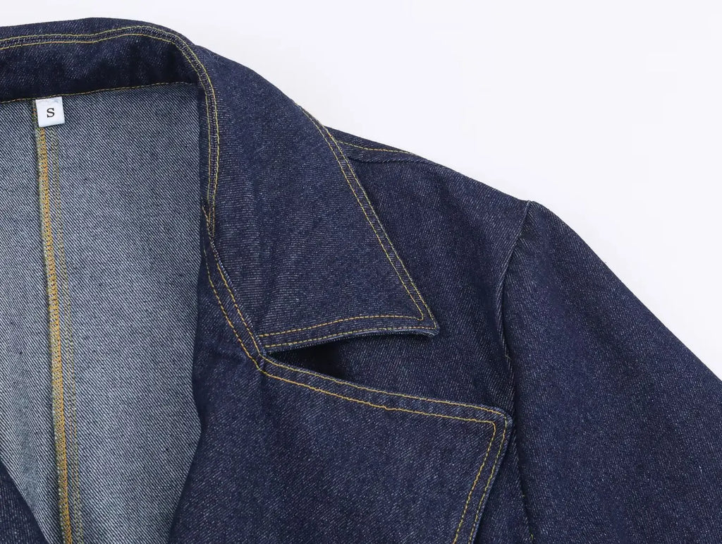 2025 New Women's Fashion Cinched Waist Denim Short Trench Coat Navy Blue Stand Collar Long Sleeve Elegant Ladies' Fashion Appare