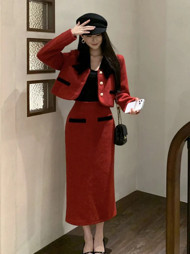 Winter Outfit Women 2024 New Elegant Lady Thickened 2 Pieces Sets Women Sweet Fashion Short Coat High Waist Long Skirt Suits