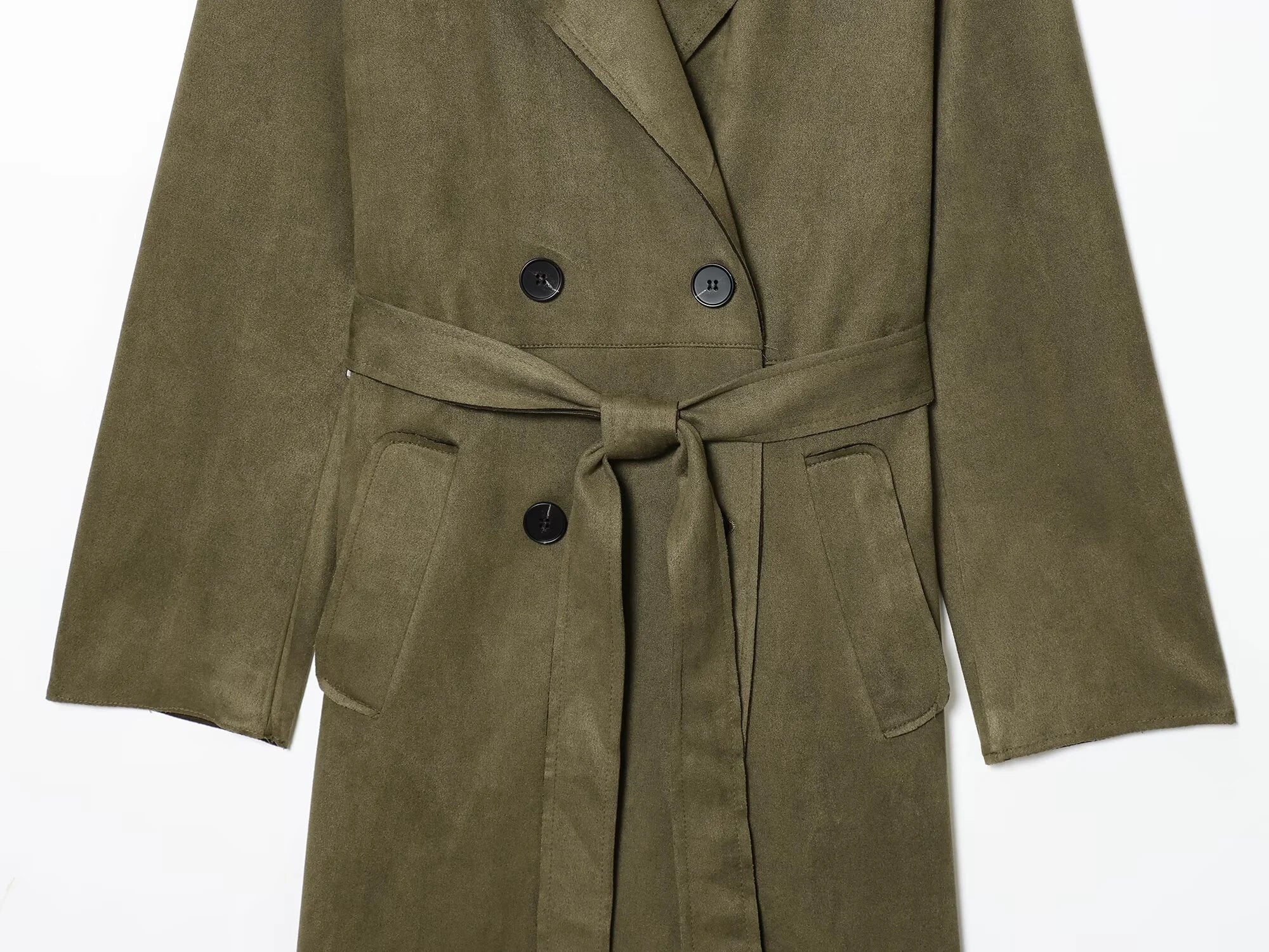 2025 Winter New Women's Casual Fashionable Simple Lapel Double-Breasted Long Trench Coat with Belt and Suede