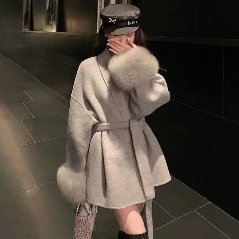 Tossy Fox Fur Wool Overcoat Women's Short Coat Office Lady Elegant Double-sided Woolen Coat 2025 New Cardigan Jackets Loose Wool