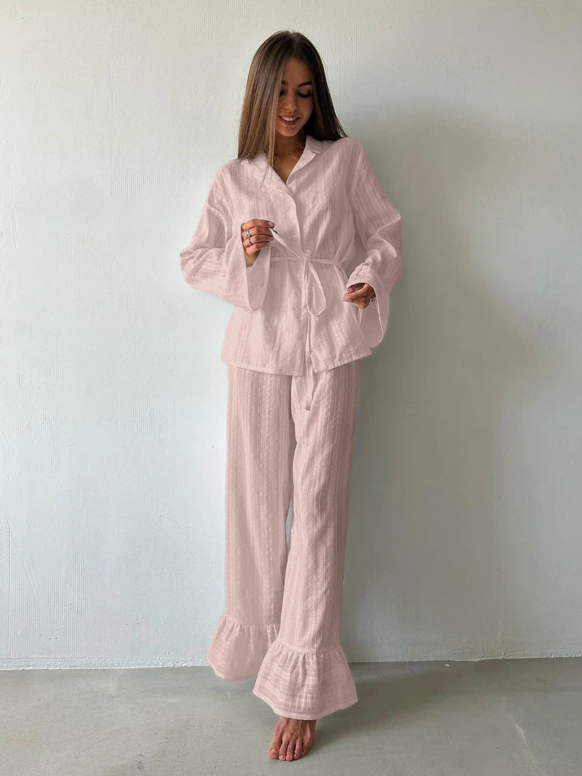Marthaqiqiq Casual Women Nightgown 2 Piece Suit Long Sleeve Nightwear Turn-Down Collar Sleepwear Pants Loose Home Clothes Ladies