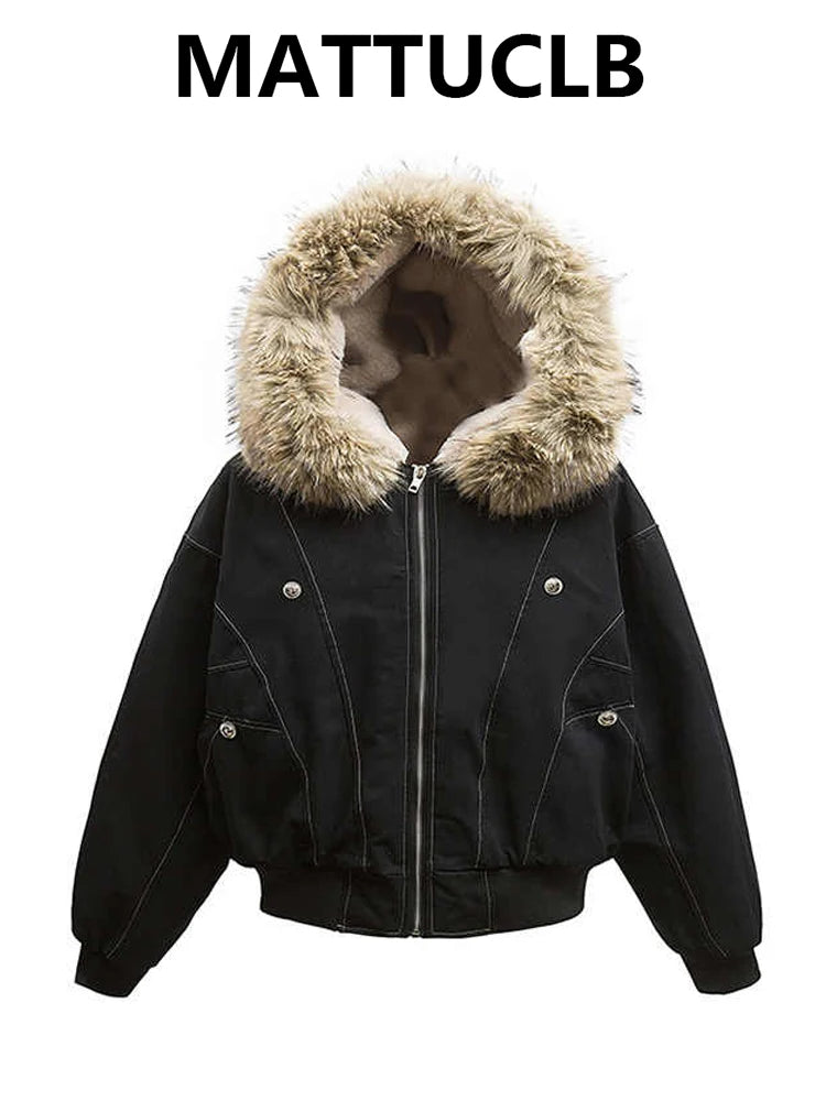 Winter Women's Lambs Wool Hoodie Jacket American Retro Faux Fur Outwear Coat Y2k Korean Fashion 2000s High Street Thick Warm