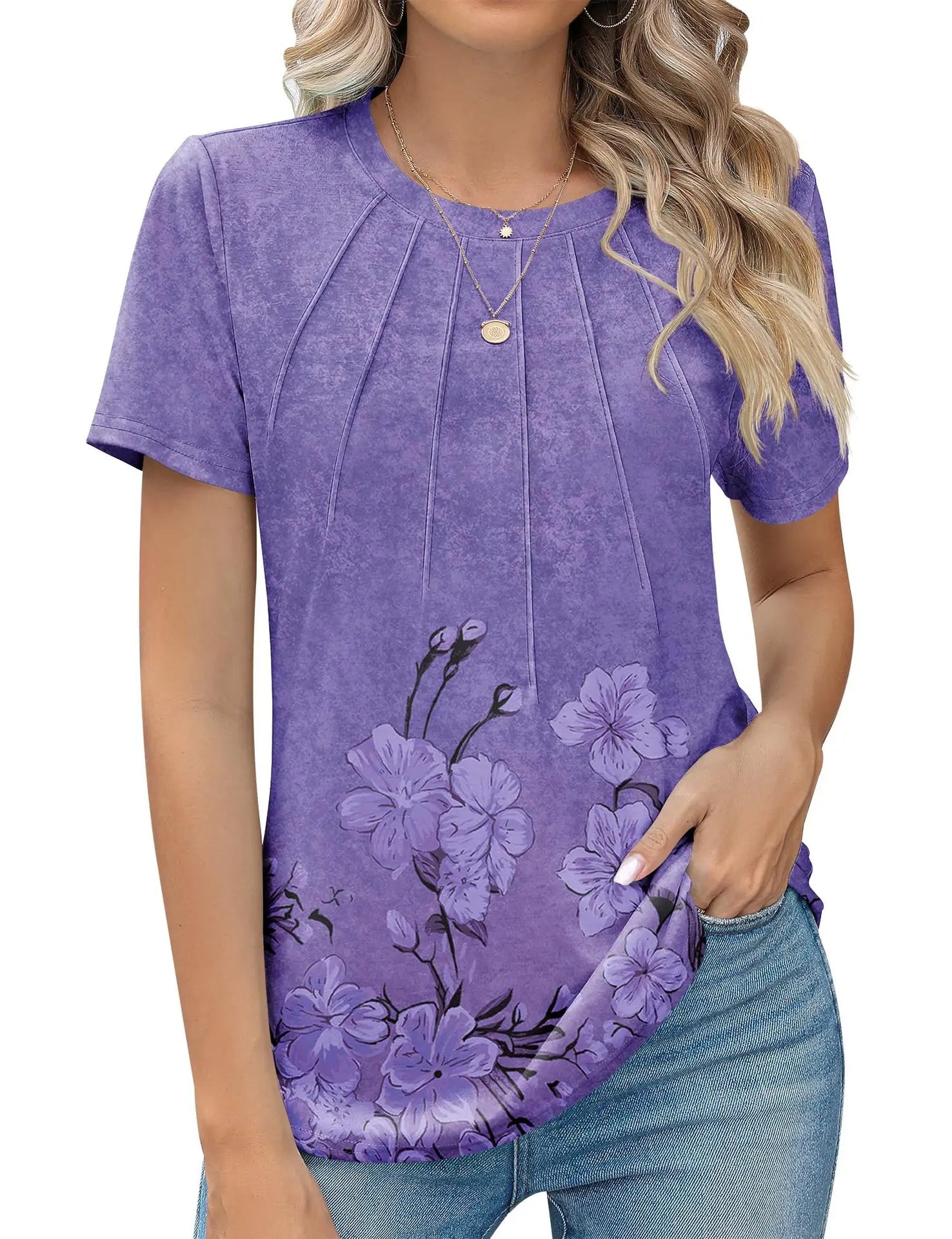 Women's Clothing European American T-shirt Tops Tees spring summer women's round neck pleated short sleeved solid color T-Shirts