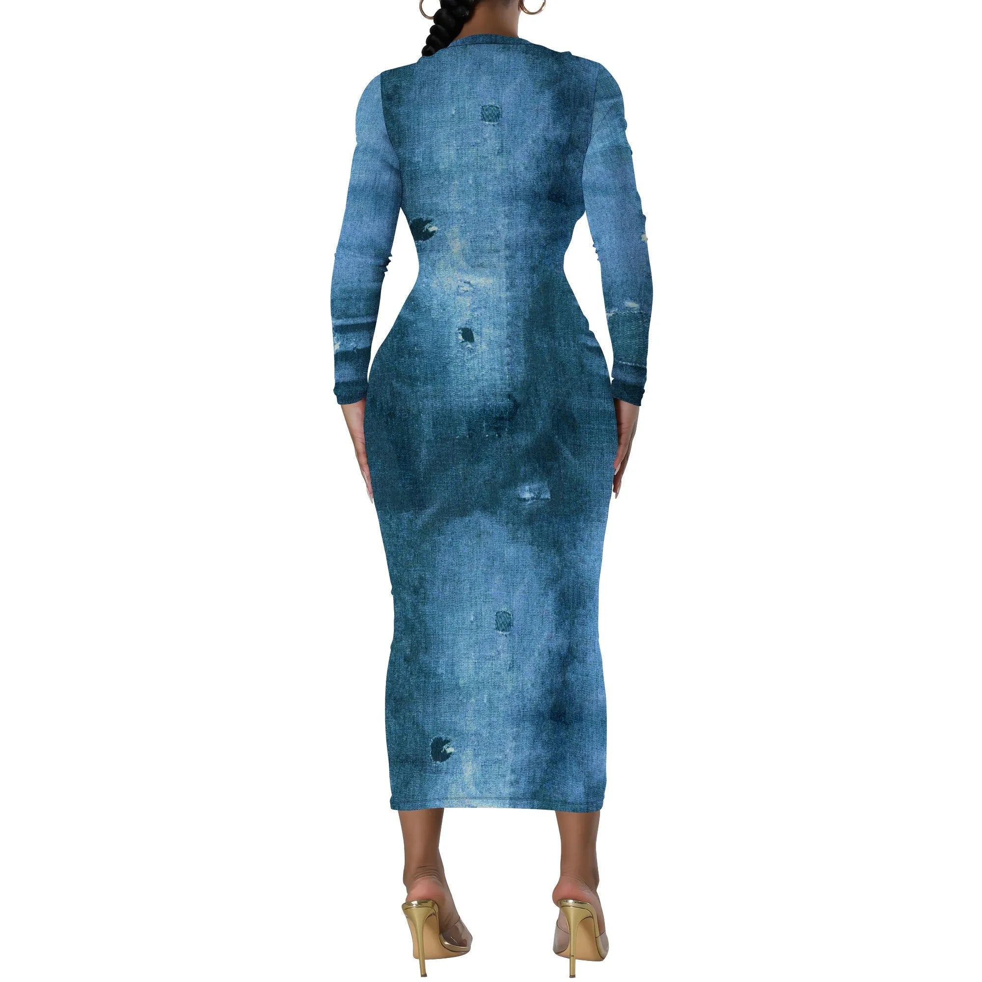 European and American women's fashion temperament casual print slim black dress