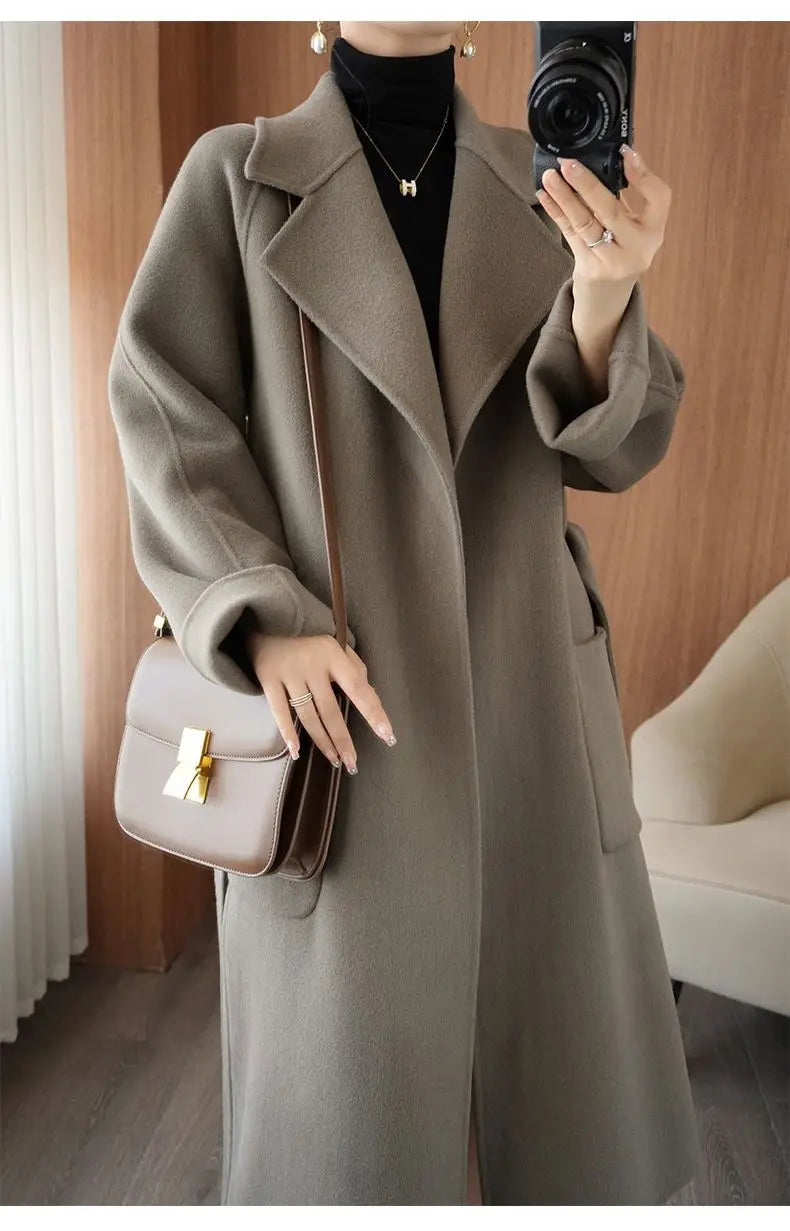 2024 Women's Wear 100% Wool Coat Autumn/Winter Fashion Temperament Double sided Cashmere Coats with Belt Elegant Long Overcoat