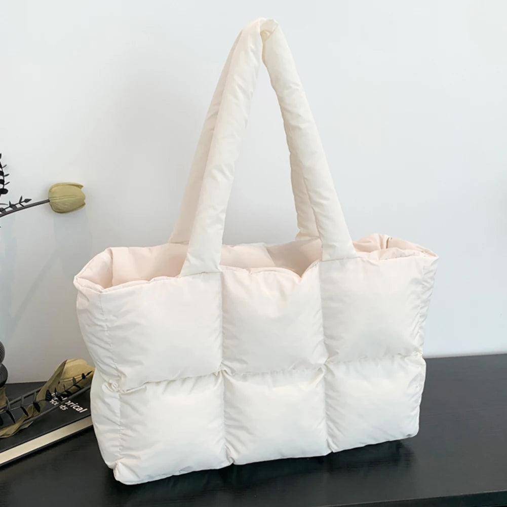 Women Padded Handbag Solid Color Quilted Single Shoulder Bag Large Capacity Soft Cloud Tote Bag Trendy Commuting Bags