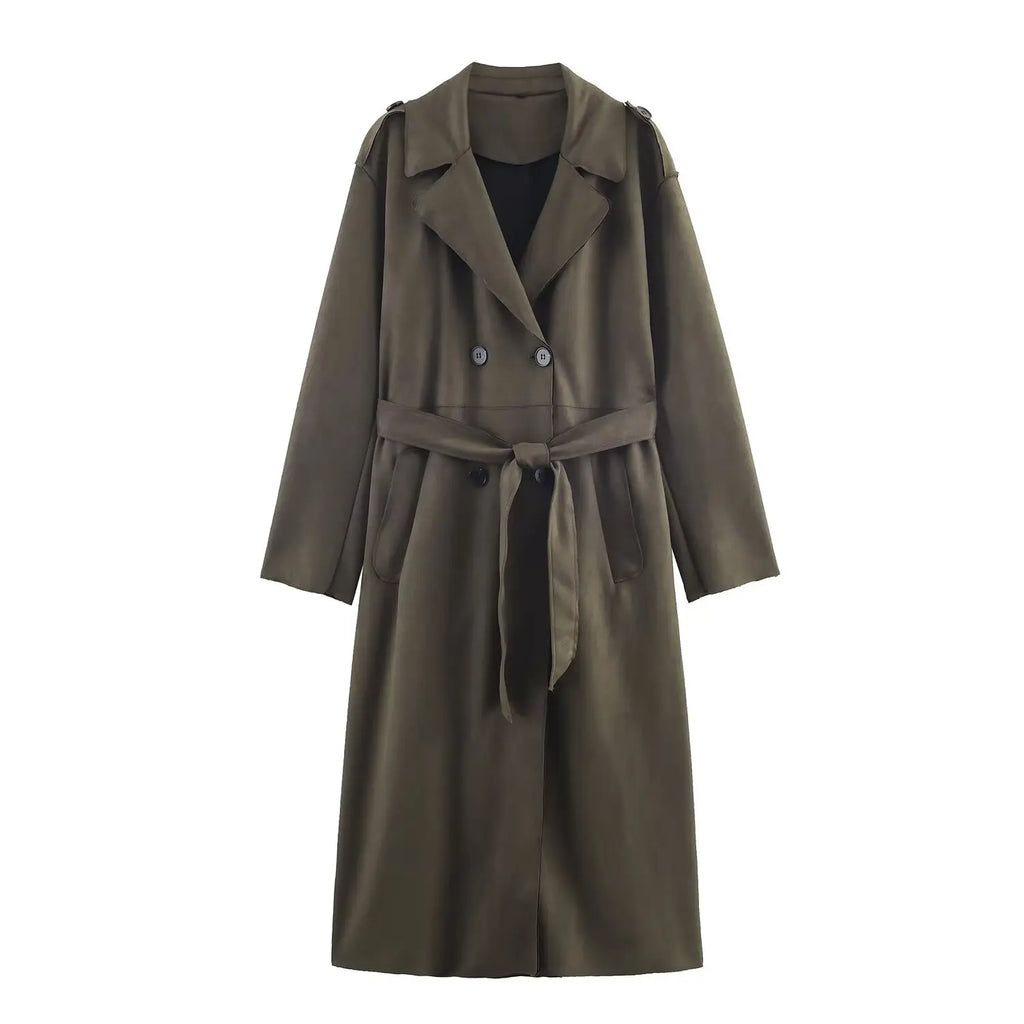 European style new women's fashionable and versatile solid color long trench coat with belt and suede effect.