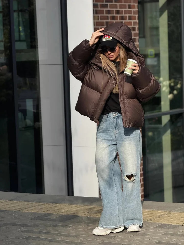 Women Brown Hooded Cotton Coat Fashion Lapel Full Sleeve Zipper Button Warm Loose Short Coats Lady Winter Casual Street Outwear