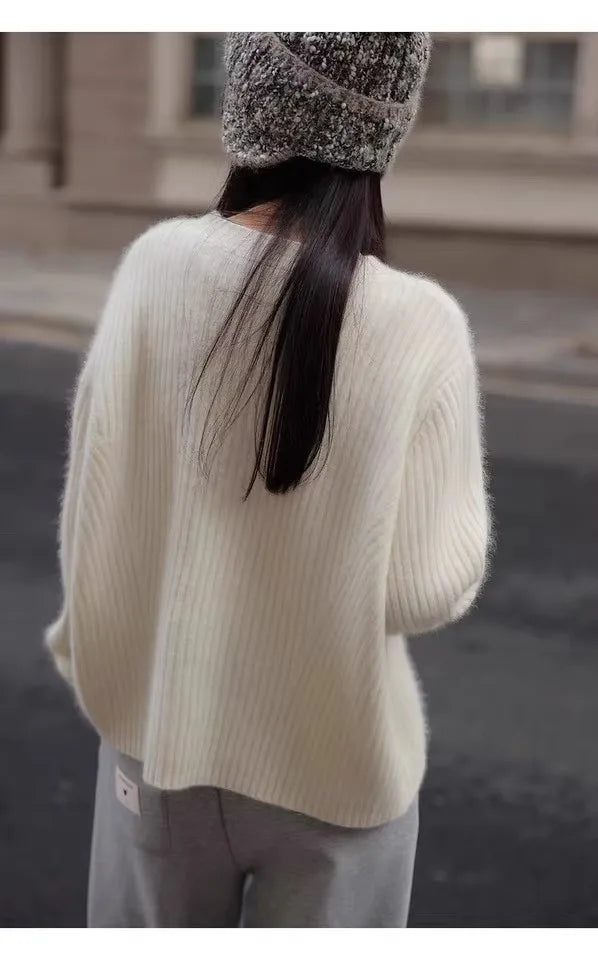 100% Cashmere sweater for women's autumn and winter loose and soft sweater wool knitted sweater round neck base layer