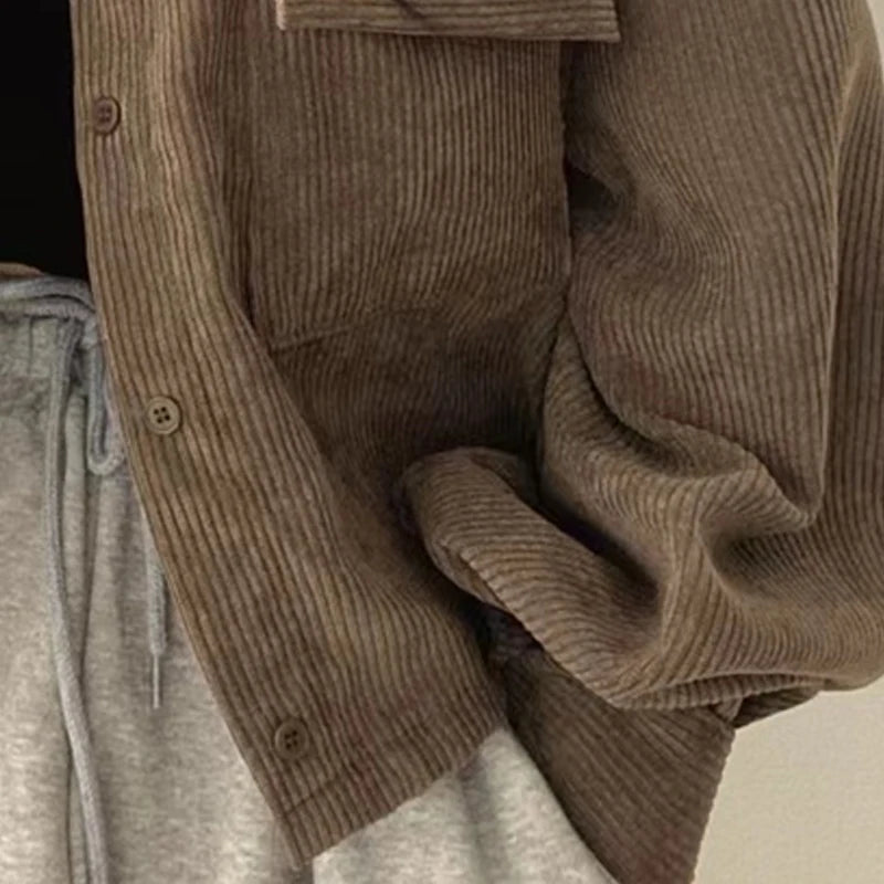 Autumn Casual Button Outwear Top with Pockets Retro Versatile Turndown Collar Long Sleeved Jacket for Women Street Loose Coat