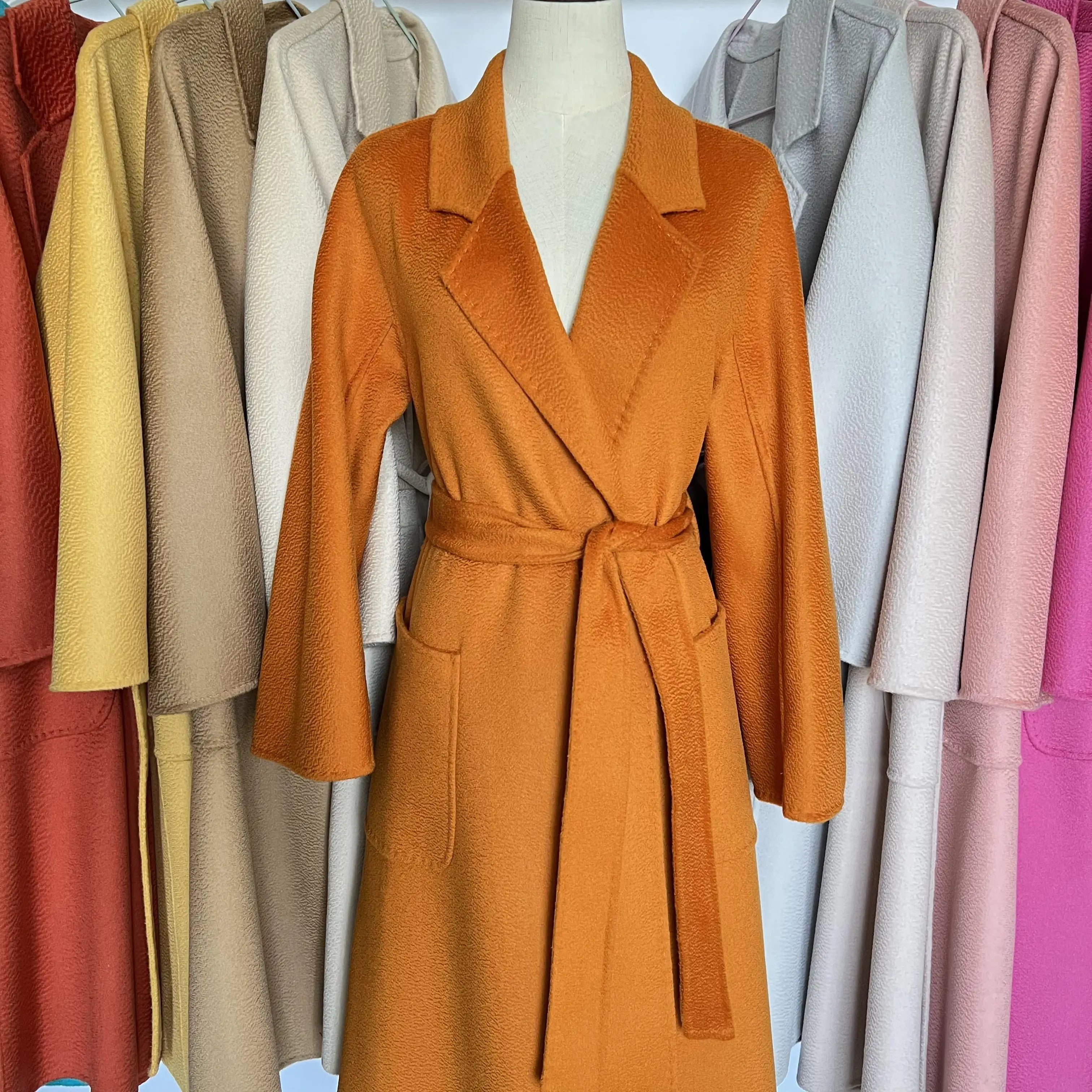 Cashmere Coat Female Winter Mid-Length Corrugated Coat Black Wool Coat Woman Autumn New Casual Fashion Red Beige Lace-Up Coat