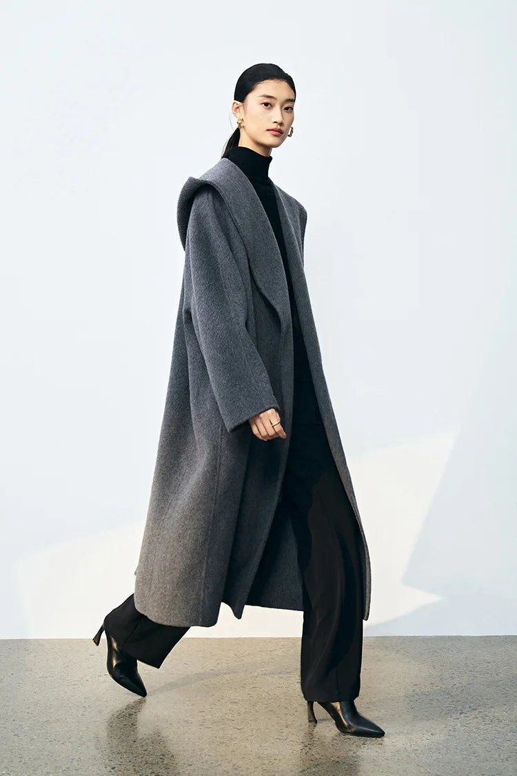 Office Lady Cashmere Woolen Jackets 2024 Autumn And Winter High-Grade Hooded Bathrobe Style Loose Lace-Up Long Women Wool Coats