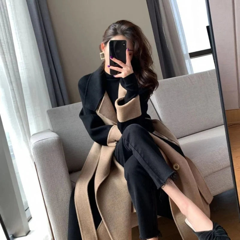 New Autumn Winter Women Coat Color Matching Turn-down Collar Double-breasted Mid Length Lady Coat Double-sided Female Overcoat