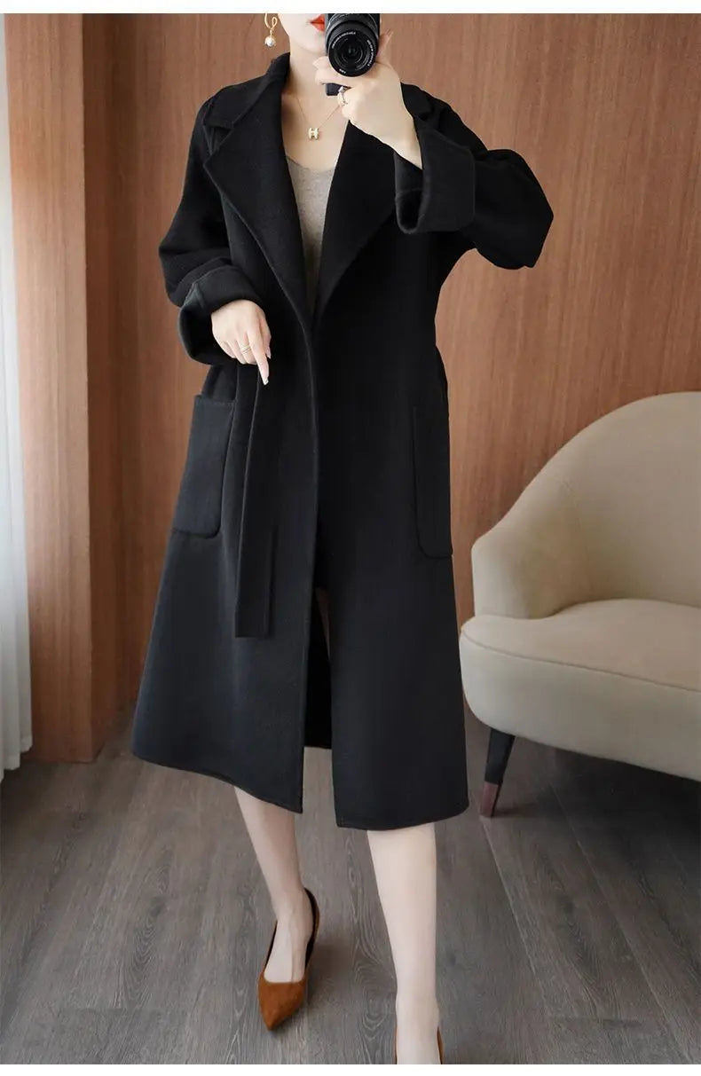 2024 Women's Wear 100% Wool Coat Autumn/Winter Fashion Temperament Double sided Cashmere Coats with Belt Elegant Long Overcoat