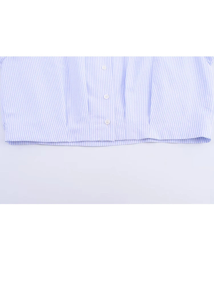 HH Women's 2025 Fashion Versatile Waist Pleated Striped Short Shirt Female Elegant Lapel Single-Breasted Long-Sleeved Shirt