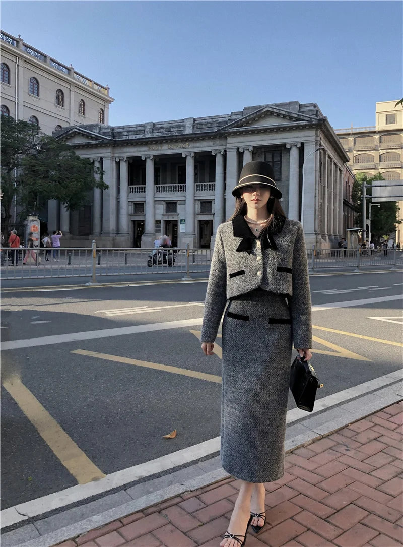 Winter Outfit Women 2024 New Elegant Lady Thickened 2 Pieces Sets Women Sweet Fashion Short Coat High Waist Long Skirt Suits