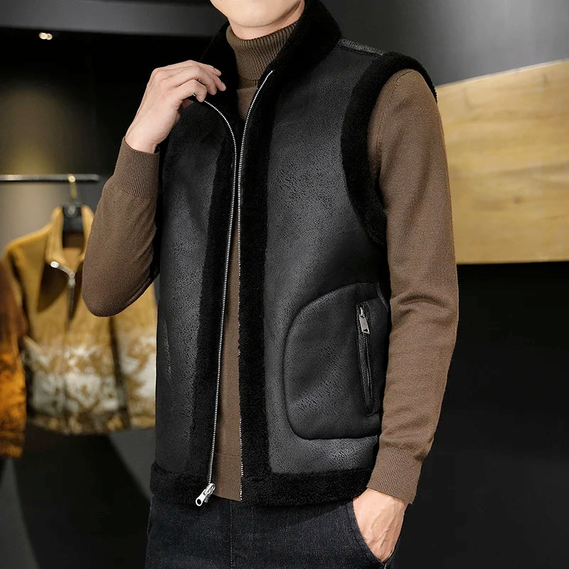 Winter Lamb Wool Vests Men Warm Coat Fashion Casual Thick Stand Collar Sleeveless Jacket Can Be Worn On Both Sides Waistcoat Man