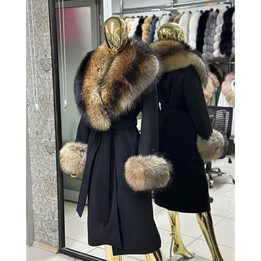 Cashmere Wool Coat For Women Raccoon Fur Coat Long Cashmere Fur Jacket With Real fur Collar Cuffs  Black Genuine Woolen Coats