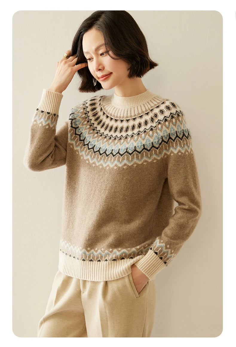 Autumn And Winter New Cashmere Sweater Fashion Women's Retro Round Neck Jacquard Cashmere Knitted Bottoming Shirt With Sweater