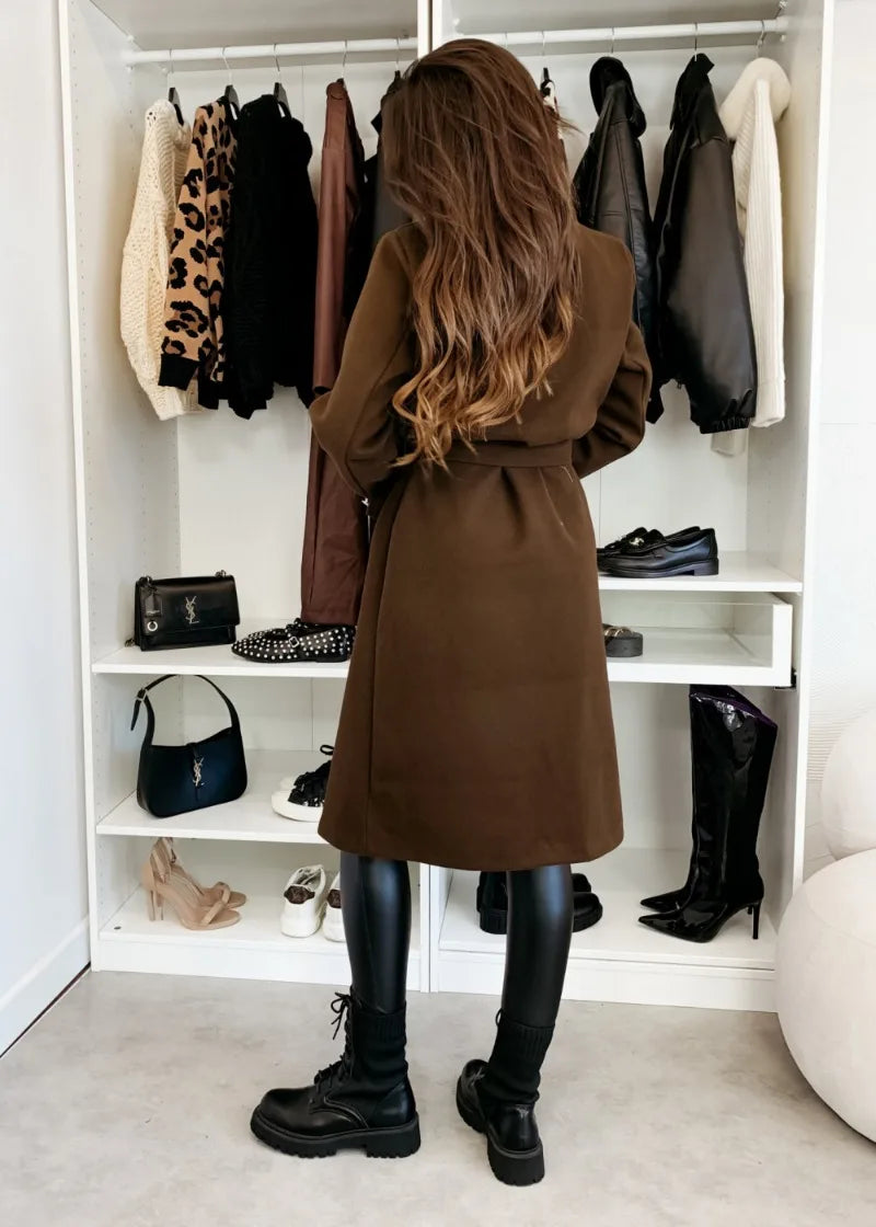 Women's Woolen Coat Autumn Winter Vintage Elegant Double Breasted Trench Coat Women Brown Long Sleeved Midi Windbreaker Jacket