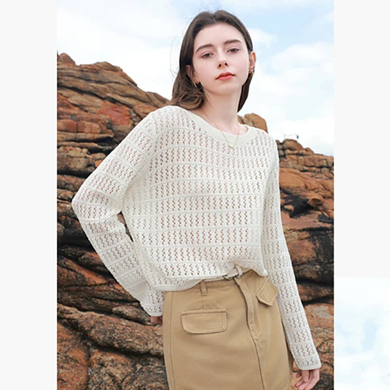 ITOOLIN Summer Women Long Sleeve Loose Casual Top Hollow Out Sexy Knit Shirt Beach Solid Y2k Pullovers Streetwear T-shirt 2024