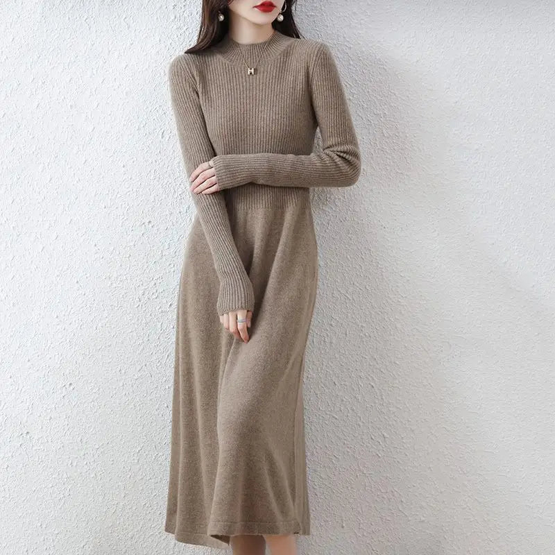 Wool Dress Long Cashmere Waist Over Knee Knit Sweater Skirt Elegant and Fashionable Women's Clothing in Autumn and Winter