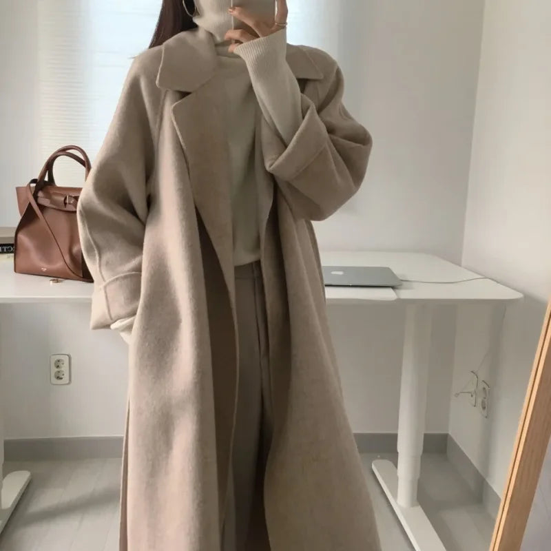 Elegant Woolen Coat Women's 2025 Autumn Winter Mid Length Adjustable Waist Thick Casual Long Sleeve Fashion Wool Coats Female