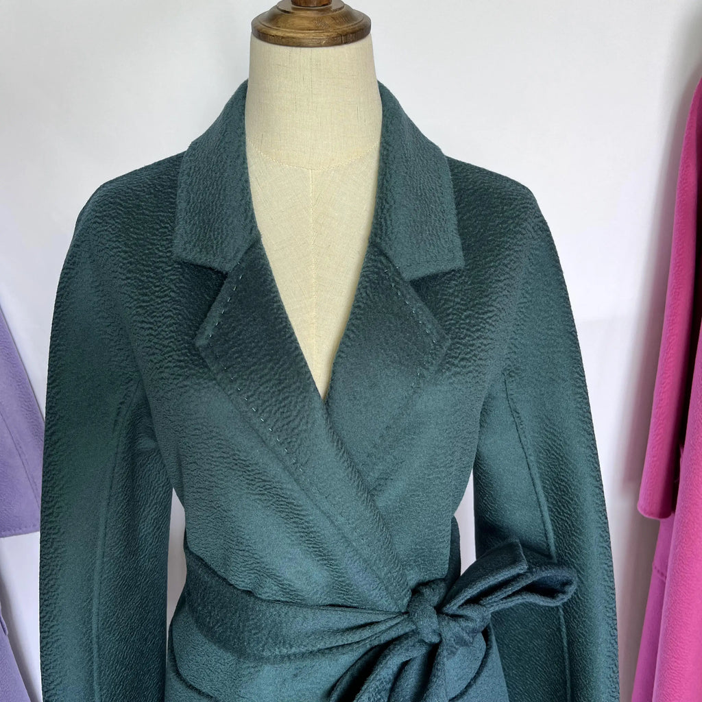 Cashmere Coat Female Winter Mid-Length Corrugated Coat Black Wool Coat Woman Autumn New Casual Fashion Red Beige Lace-Up Coat