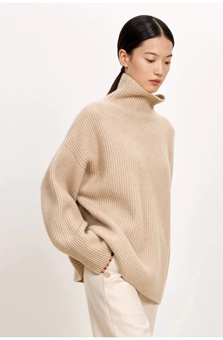 Women's High-Necked Cashmere Sweater Loose Padded Bottoming Pullover Autumn Winter Warm Lazy Wind Style 100% Pure Wool