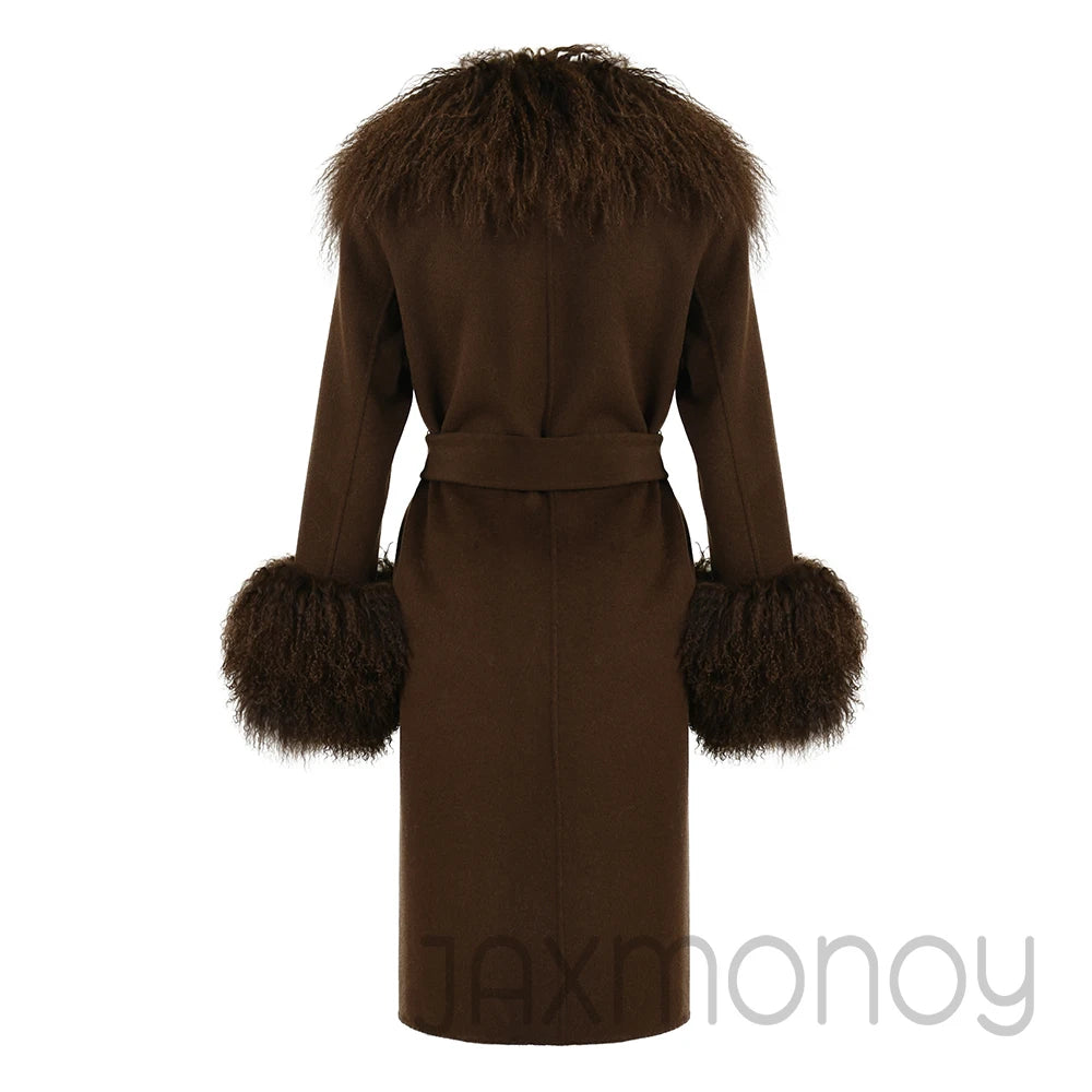 Women Cashmere Wool Coat With Real Mongolian Sheep Fur Collar  Ladies Autumn Winter Fashion Long Outwear Full Sleeve Fur Jacket
