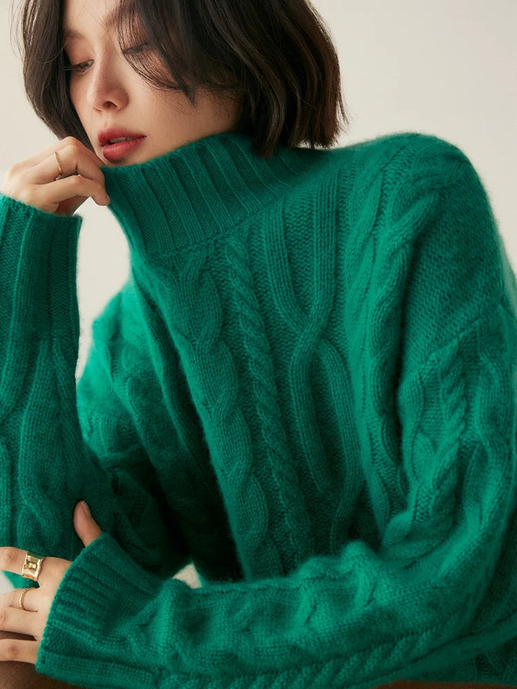 Women 100% Cashmere Sweater Mock Neck Pullover Cable Knitting Vintage Loose Style Thickened Cashmere Knitwear Autumn Winter Tops