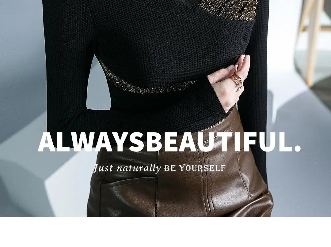 Women's Clothing Sexy See Through Mesh Patchwork Black Basic T-Shirts High Collar Elegant Chic Bright Silk Long Sleeve Slim Tops