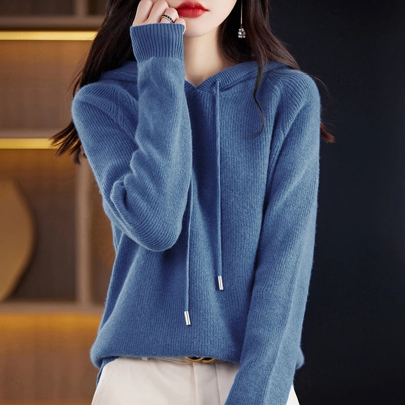 2023 New Cashmere hooded sweater Women Long Sleeve Autumn and Winter Knit hooded Pullover Solid Color Cashmere Base