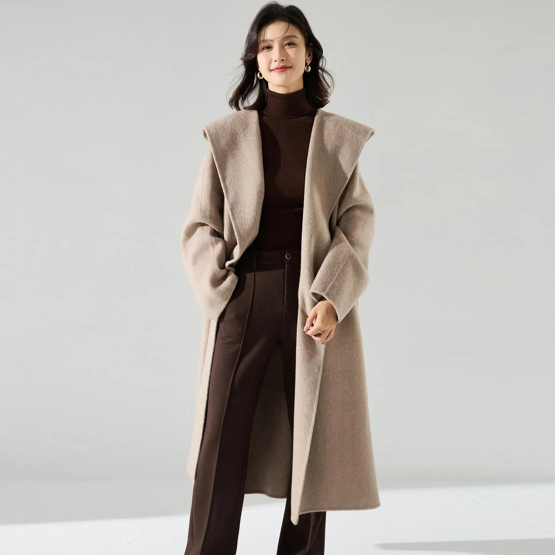 Office Lady Cashmere Woolen Jackets 2024 Autumn And Winter High-Grade Hooded Bathrobe Style Loose Lace-Up Long Women Wool Coats