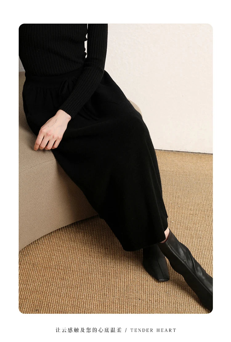 Cashmere Skirt Knitted Skirt Half Skirt, Double Pocket A-Line Skirt Skirts Plus Size Women Long Elegant Dress Women Clothing