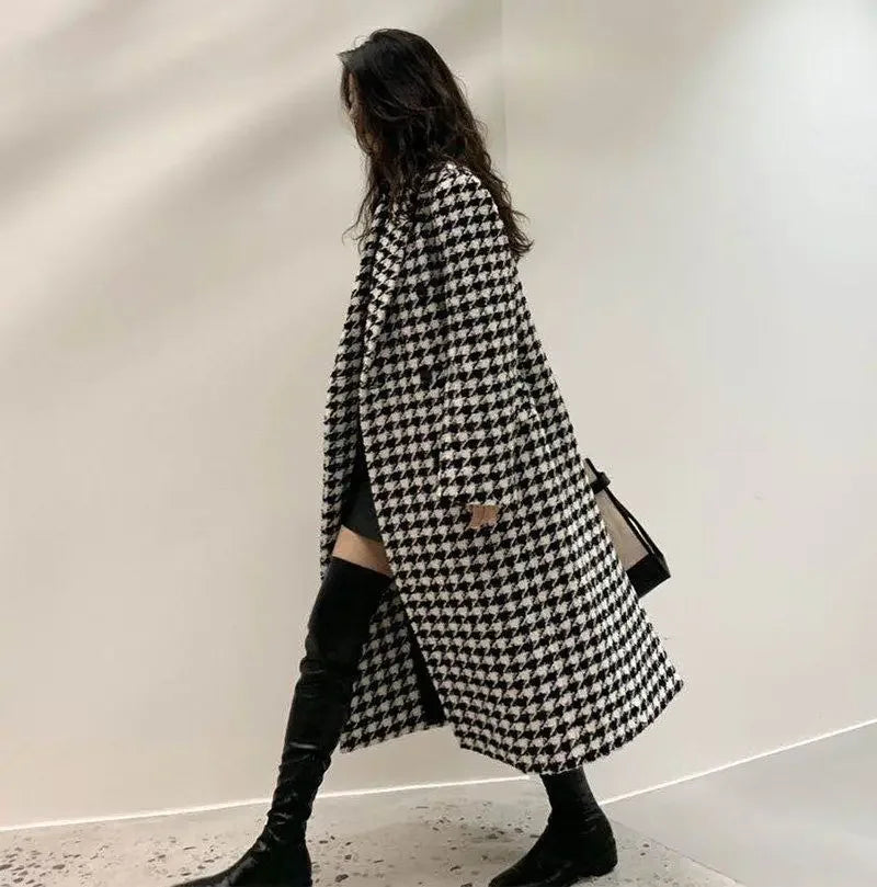 Women Autumn Winter Woolen Coat 2025 New Women Double Breasted Coat Korean Houndstooth Mid-Length Woolen Coat Lady Winter Jacket