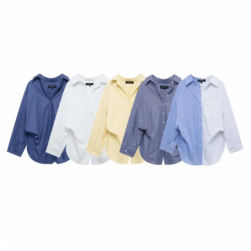 HH Women Elegant Commuter Shirt Splicing Loose Striped Single-breasted Lapel Blouse Female Spring Casual Long-sleeved Top
