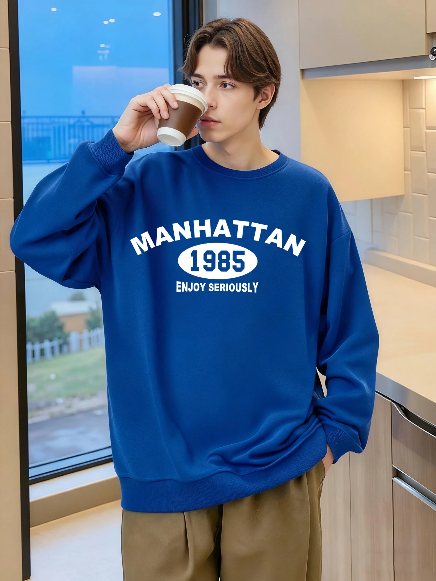 Manhattan 1985 Enjoy Seriously Print Sweatshirt For Men Soft Vintage Pullovers Casual Oversize Clothes Autumn Unisex Retro Top