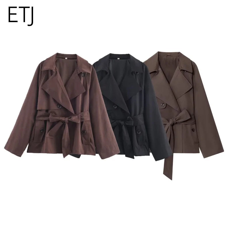 ETJ Autumn 2025 new collection  women's British style lapel double-breasted Maillard color belt casual trench coat