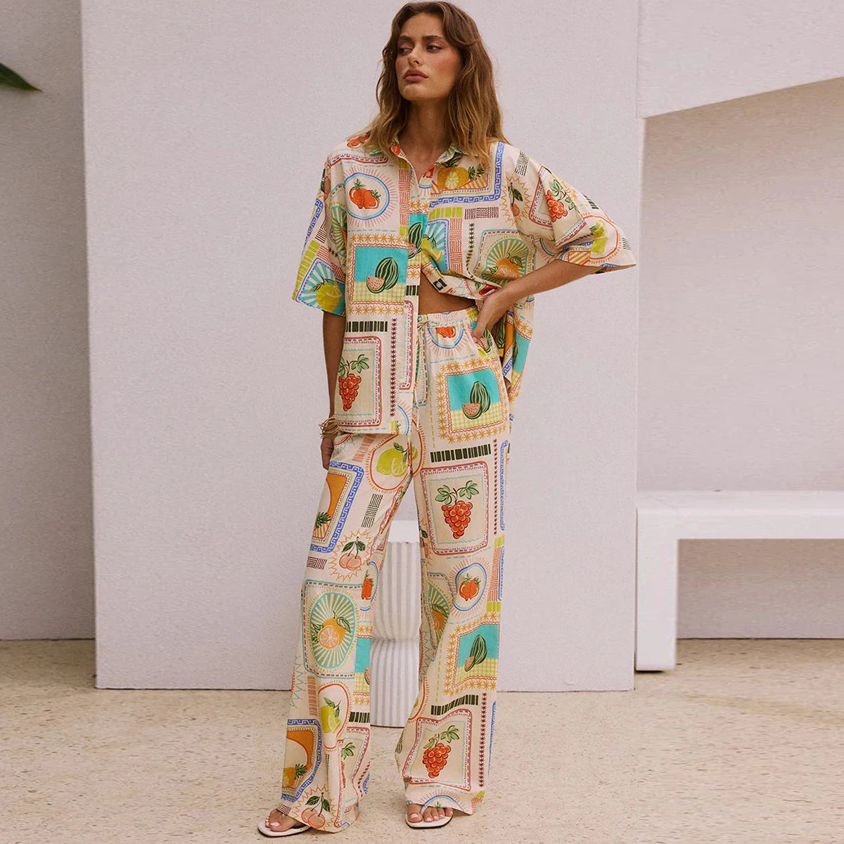 Women Shirt Collar Single Breasted Floral Print Linen Fashion Casual Spring Summer Shrit Pants Suits