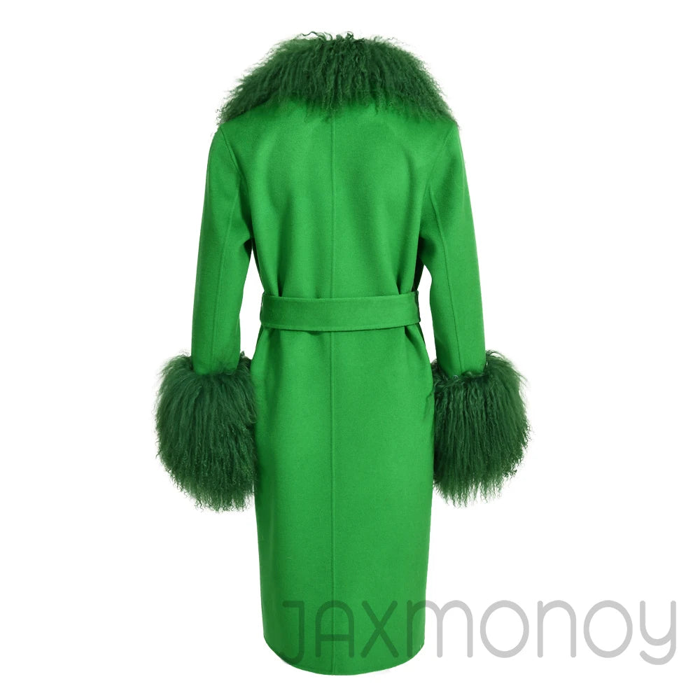 Women Cashmere Wool Coat With Real Mongolian Sheep Fur Collar  Ladies Autumn Winter Fashion Long Outwear Full Sleeve Fur Jacket