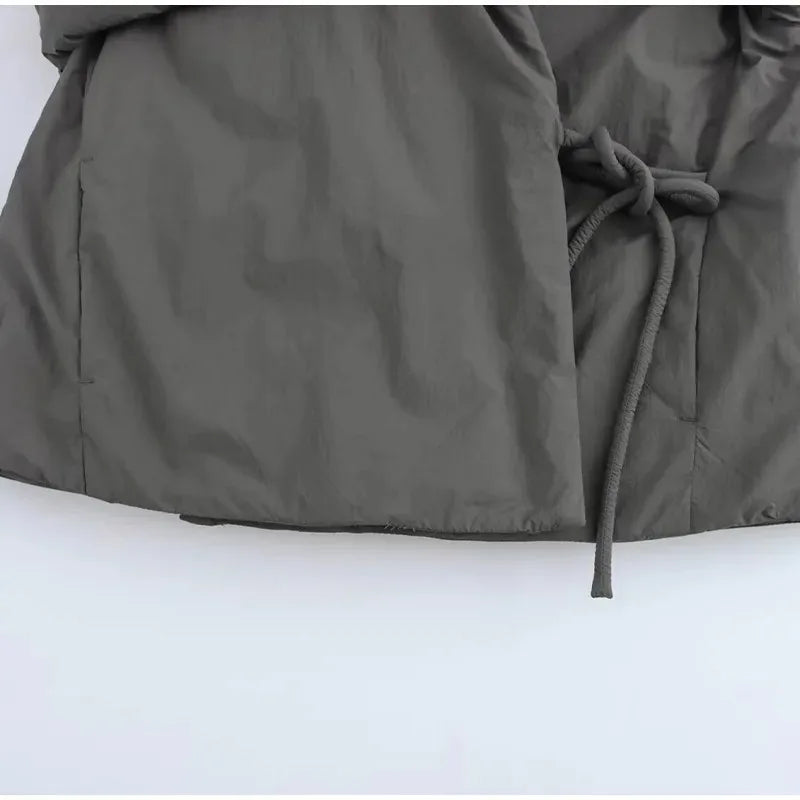 Casual Gray Lace Up Coat Women Cotton V-neck Luxury Pocket 2025 Autumn Thick Jackets Female Chic Street All-match Outwear Tops