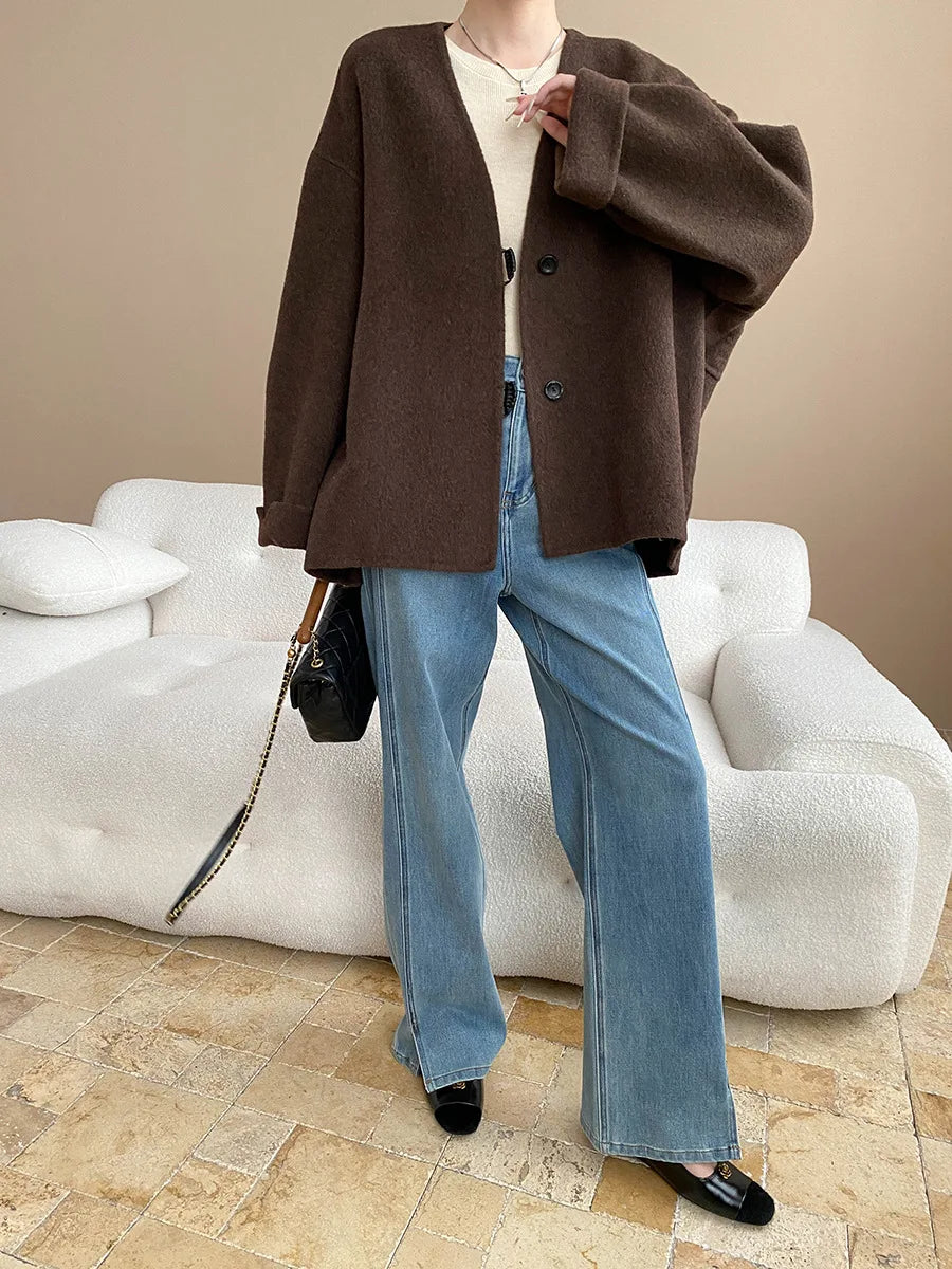 Winter women's casual solid color V-neck double-sided woolen coat jacket