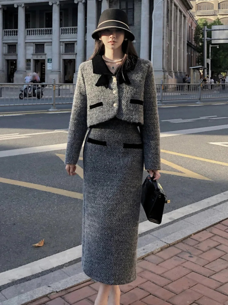 Winter Outfit Women 2024 New Elegant Lady Thickened 2 Pieces Sets Women Sweet Fashion Short Coat High Waist Long Skirt Suits