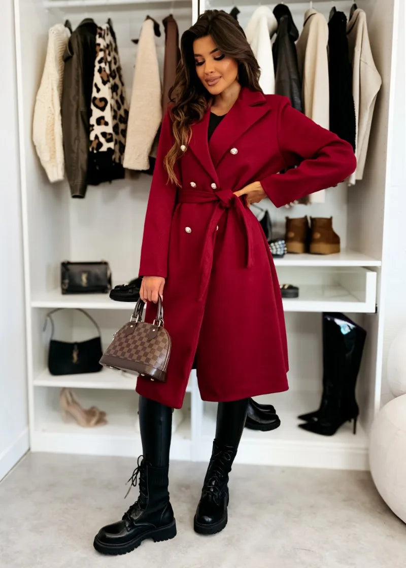 Women's Woolen Coat Autumn Winter Vintage Elegant Double Breasted Trench Coat Women Brown Long Sleeved Midi Windbreaker Jacket